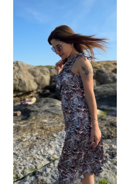 Turkuaz Bele Oturan Midi Tek Omuz Saten Elbise