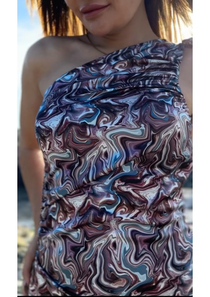 Turkuaz Bele Oturan Midi Tek Omuz Saten Elbise