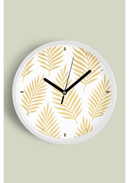 Yaprak Desenli Bohem Modern Duvar Saati - 30CM - Önü Camlı Beyaz Kasa - Sessiz Mekanizma