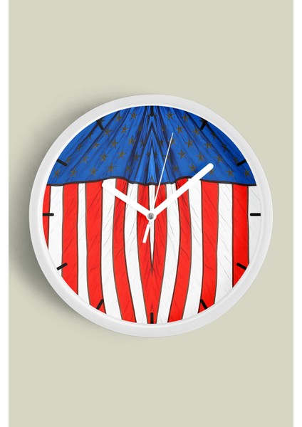 Amerikan Bayrağı Tasarımı Modern Duvar Saati - 30CM - Önü Camlı Beyaz Kasa - Sessiz Mekanizma