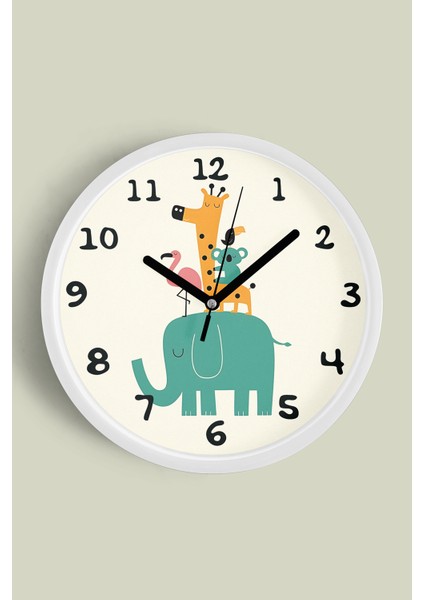 Sevimli Hayvanlar Modern Tasarım Çocuk Odası Duvar Saati - 30CM - Önü Camlı Beyaz Kasa