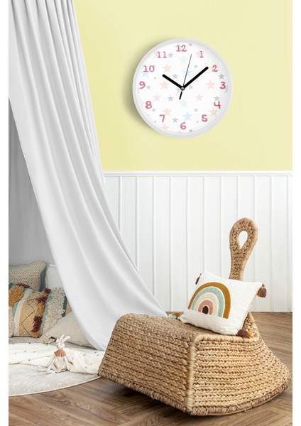 Renkli Yıldızlar Çocuk Odası Duvar Saati - 30CM - Önü Camlı Beyaz Kasa - Sessiz Mekanizma fiyatları