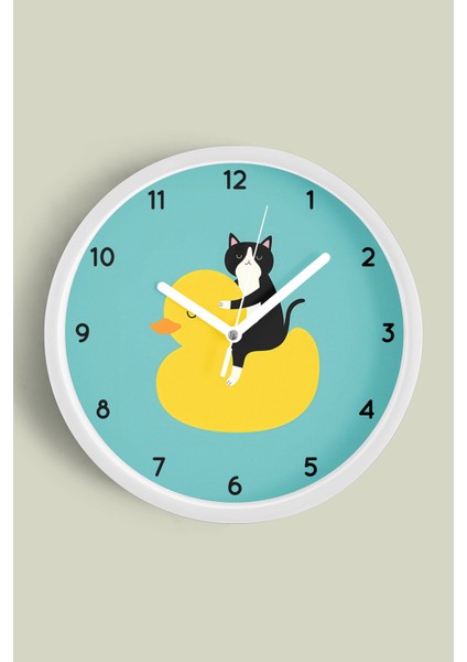 Ördek ile Kedi Çocuk Odası Duvar Saati - 30CM - Önü Camlı Beyaz Kasa - Sessiz Mekanizma