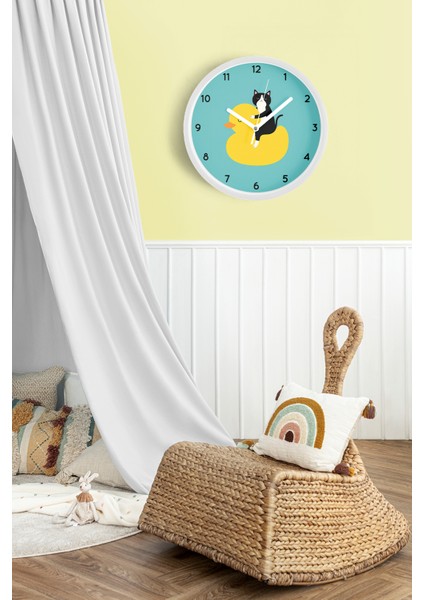 Ördek ile Kedi Çocuk Odası Duvar Saati - 30CM - Önü Camlı Beyaz Kasa - Sessiz Mekanizma fiyatları