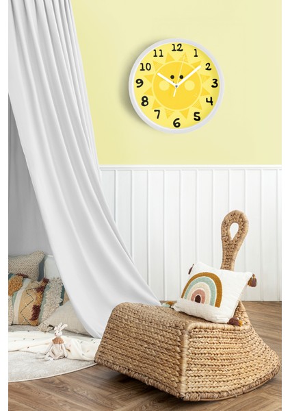 Sevimli Güneş Çocuk Odası Modern Duvar Saati - 30CM - Önü Camlı Beyaz Kasa - Sessiz Mekanizma fiyatları