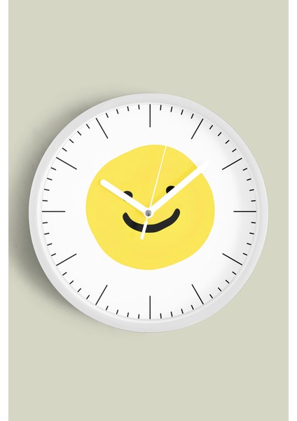 Gülen Surat Modern Tasarım Duvar Saati - 30CM - Önü Camlı Beyaz Kasa - Sessiz Mekanizma