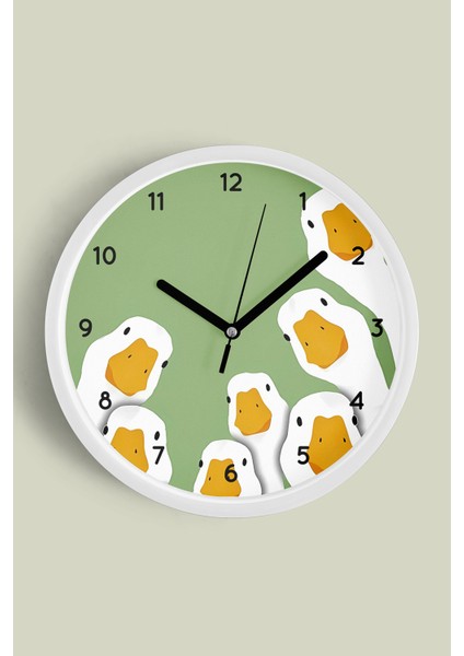 Sevimli Ördekler Tasarım Modern Duvar Saati - Çocuk Odası Duvar Saati - 30CM - Önü Camlı Beyaz Kasa
