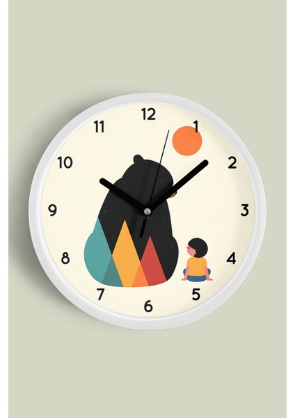 Ayıcık Ile Çocuk - Çocuk Odası Duvar Saati - 30CM - Önü Camlı Beyaz Kasa - Sessiz Mekanizma