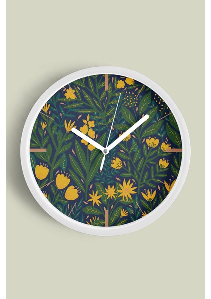 Sarı Çiçek Desenli Botanik Modern Duvar Saati - 30CM - Önü Camlı Beyaz Kasa - Sessiz Mekanizma