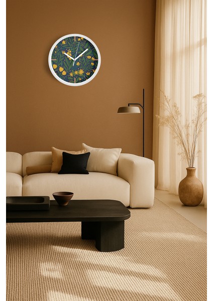 Sarı Çiçek Desenli Botanik Modern Duvar Saati - 30CM - Önü Camlı Beyaz Kasa - Sessiz Mekanizma fiyatları