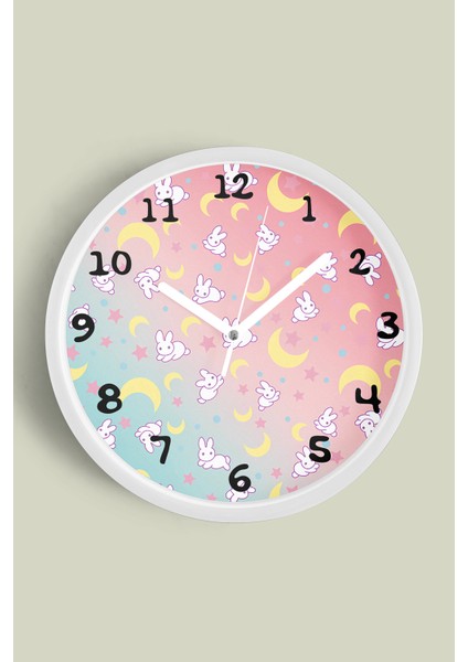 Sevimli Tavşan Tasarımı Çocuk Odası Duvar Saati - 30CM - Önü Camlı Beyaz Kasa - Sessiz Mekanizma