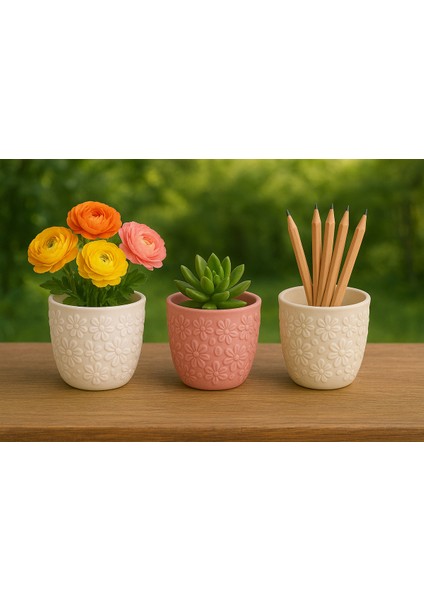 3'lü Set El Yapımı Dekoratif Saksı Handmade Taş Tozu Çiçek Desenli Mumluk Kalemlik Sukulent Obje 8cm