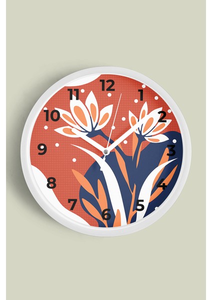 Soyut - Bohem Çiçek Modern Duvar Saati - 30CM - Önü Camlı Beyaz Kasa - Sessiz Mekanizma