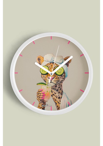 Bakım Yapan Leopar Modern Duvar Saati - 30CM - Önü Camlı Beyaz Kasa - Sessiz Mekanizma
