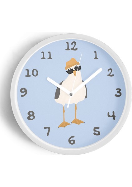 Güneş Gözlüklü Artist Martı Çocuk Odası Duvar Saati - 30CM - Önü Camlı Beyaz Kasa - Sessiz Mekanizma