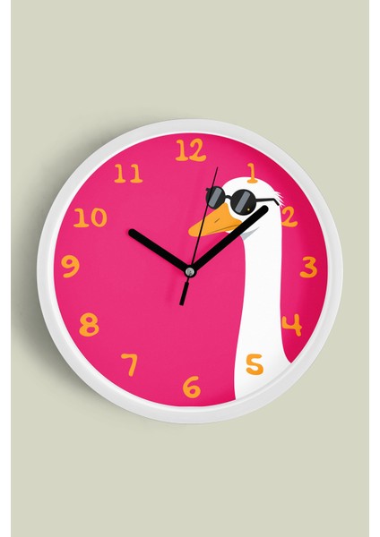 Güneş Gözlüklü Artist Kaz / Ördek Çocuk Odası Duvar Saati - 30CM - Önü Camlı Beyaz Kasa