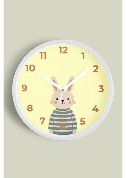 Sevimli Tavşan Çocuk Odası Duvar Saati - 30CM - Önü Camlı Beyaz Kasa - Sessiz Mekanizma