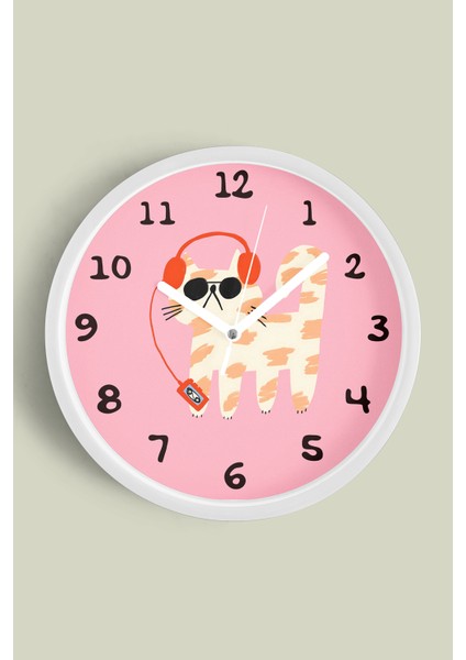 Müzik Dinleyen Kedi Tasarım Modern Duvar Saati - Çocuk Odası Duvar Saati - 30CM - Önü Camlı