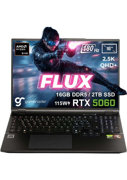 FLUX GR16 AMD Ryzen 9-8940HX 16GB DDR5 2TB SSD RTX 5060 8GB 115W 16 inç 2.5K QHD+ 180Hz FreeDos Gaming Laptop