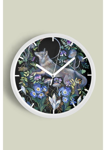 Soyut Çiçek - Kurt Temalı Modern Duvar Saati - 30CM - Önü Camlı Beyaz Kasa - Sessiz Mekanizma