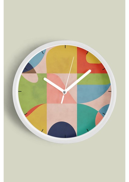 Soyut Çok Renkli Modern Tasarım Duvar Saati - 30CM - Önü Camlı Beyaz Kasa - Sessiz Mekanizma