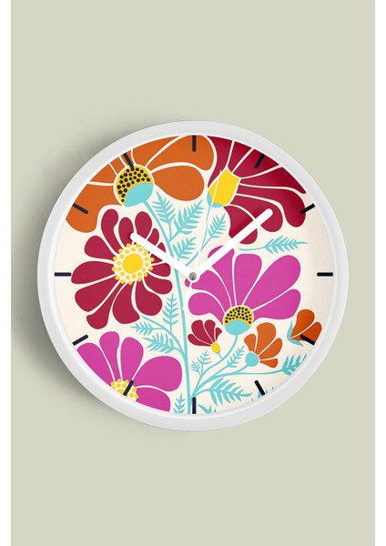 Soyut Çiçek Temalı Modern Duvar Saati - 30CM - Önü Camlı Beyaz Kasa - Sessiz Mekanizma