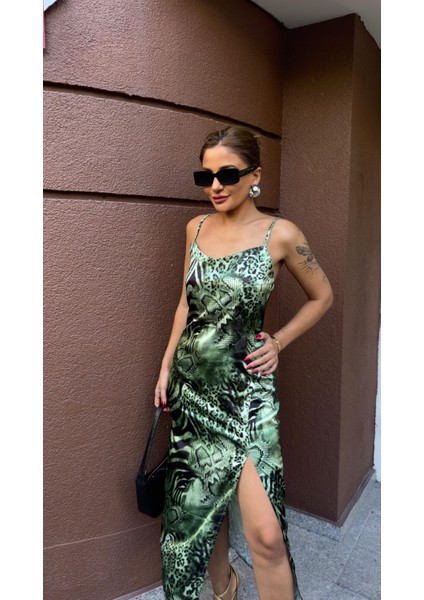 Lüx Kalite Pamuk Saten Midi Boy Elbise-Yeşil Leo indirimleri