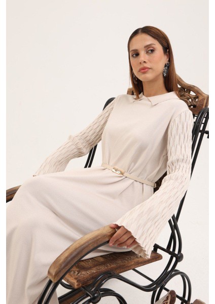 Kadın Merserize Kumaş Kemerli Triko Elbise - MDS002828ELBS