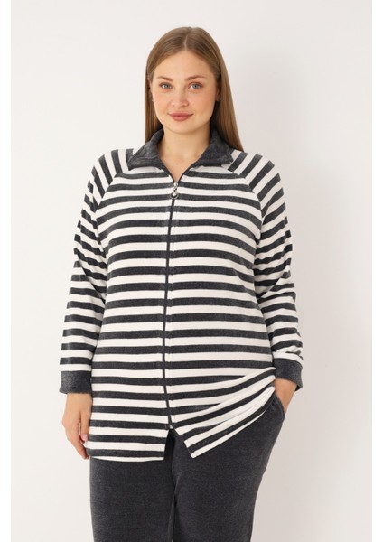Çizgili Uzun Kollu Cepli Pamuklu Kadife Fermuarlı Balıkçı Yaka Kadın Büyük Beden Eşofman Takımı fırsatları