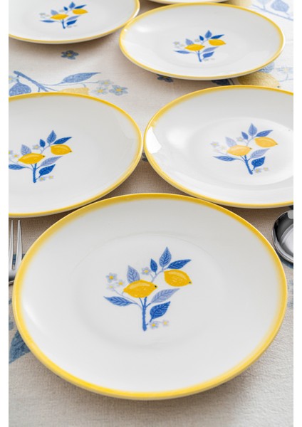 Limon Desenli 20 cm Premium Porselen Pasta & Kahvaltı Tabağı - 6 Adet
