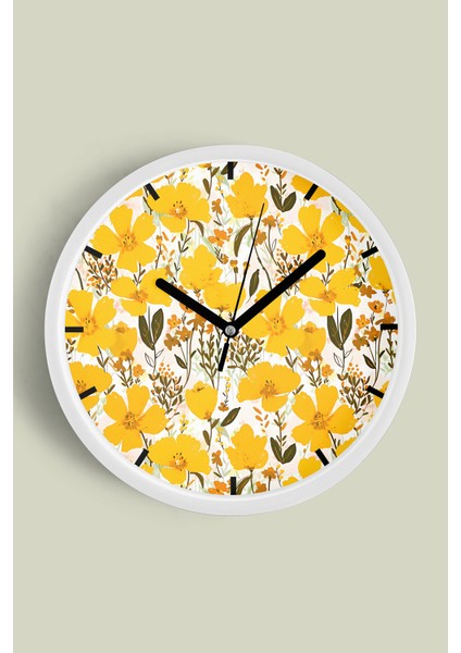 Soyut Renkli Çiçek Temalı Modern Duvar Saati - 30CM - Önü Camlı Beyaz Kasa - Sessiz Mekanizma