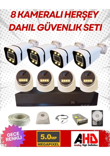 4 Iç 4 Dış 8 Kameralı Gece Renkli Sesli 5 Mp 250 GB HDD Dahil Ahd Güvenlik Kamera Seti - ST58250SW