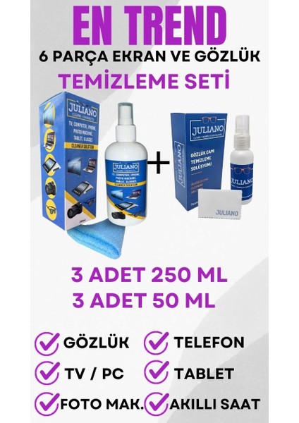 3 Adet 250 ml + 2 Adet 50 ml Ekran - Gözlük Temizlik Seti - Laptop, Tablet, Bilgisayar, Gözlük, Led, Ekran, Televizyon, Cep Telefonu, Kamera fiyatları