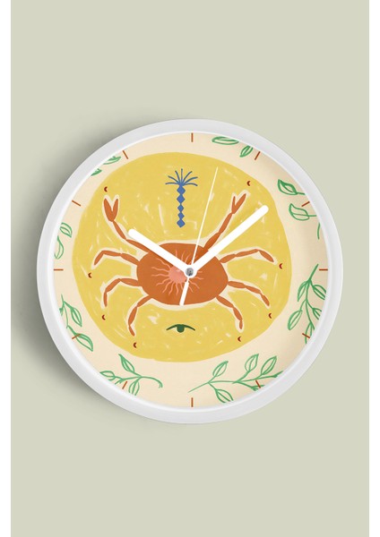 Tropikal Yengeç Motifli Modern Duvar Saati - 30CM - Önü Camlı Beyaz Kasa - Sessiz Mekanizma