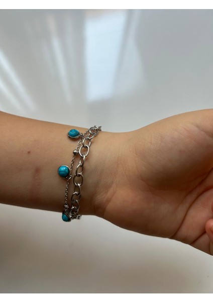 Gümüş Renk Turkuaz Taşlı Zincir Bileklik