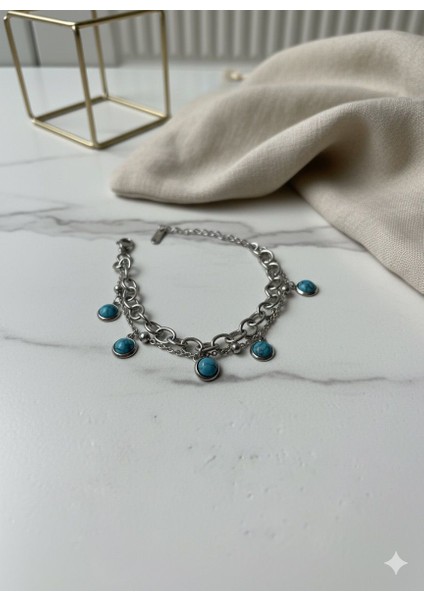 Gümüş Renk Turkuaz Taşlı Zincir Bileklik fiyatları