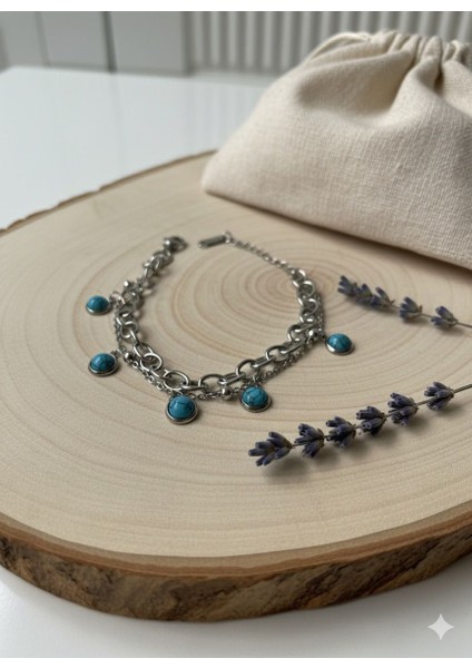 Gümüş Renk Turkuaz Taşlı Zincir Bileklik modelleri