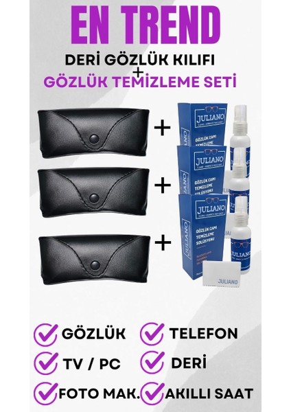 3 Adet Deri Gözlük Kılıfı + 3 Adet 50 ml Gözlük Temizleme Sprey Set indirimleri