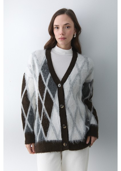 Koyu Kahverengi - Krem Baklava Desenli Hırka - 251090