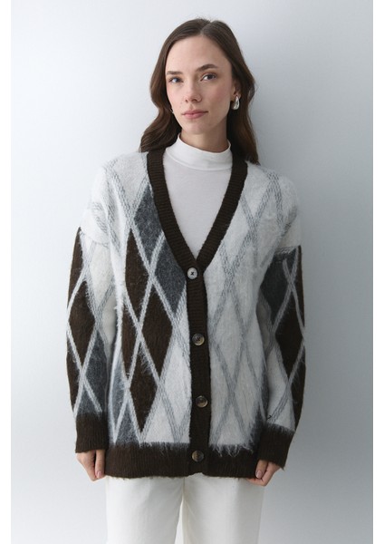 Koyu Kahverengi - Krem Baklava Desenli Hırka - 251090 fiyatları