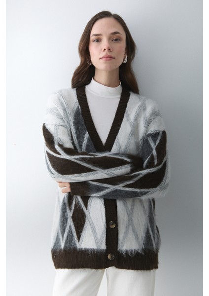 Koyu Kahverengi - Krem Baklava Desenli Hırka - 251090 modelleri