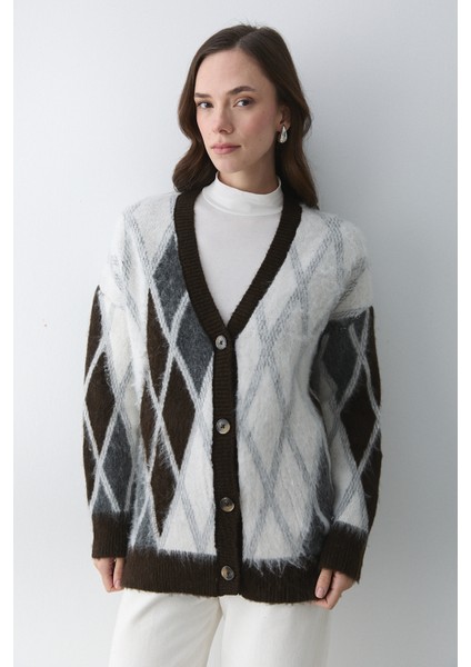 Koyu Kahverengi - Krem Baklava Desenli Hırka - 251090 fırsatları