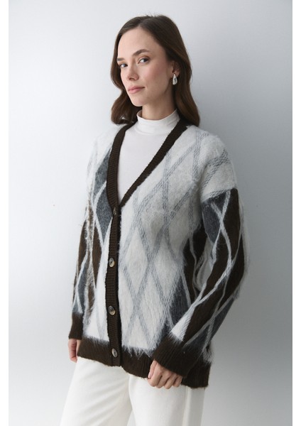 Koyu Kahverengi - Krem Baklava Desenli Hırka - 251090 indirimleri