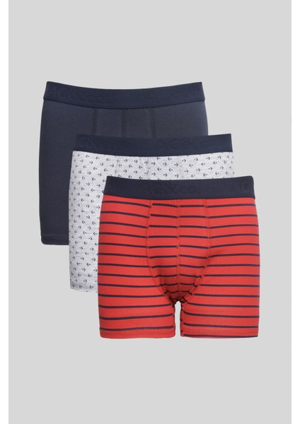 Erkek Lacivert-kırmızı 3'lü Pamuklu Esnek Boxer Paketi