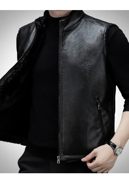 Suni Deri Içi Kürklü Hakim Yaka Yelek