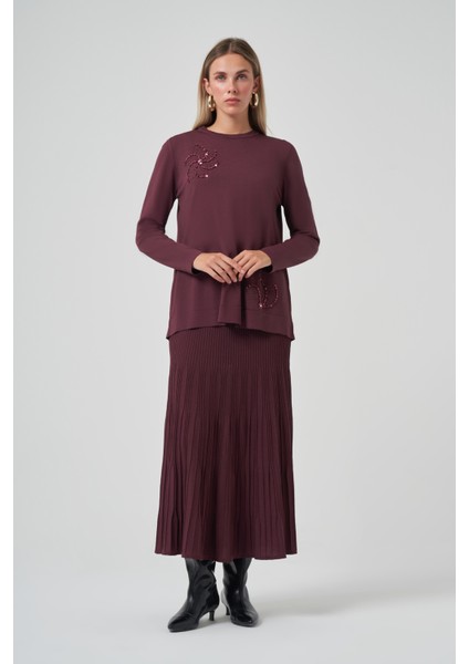 Taş Detay Etekli Triko Takım 1352 Vişne