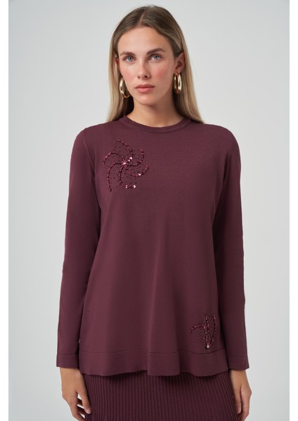 Taş Detay Etekli Triko Takım 1352 Vişne fiyatları