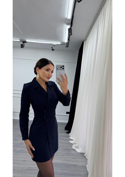 Lacivert Düğme Detaylı Kısa Boy Dokuma Ceket Elbise