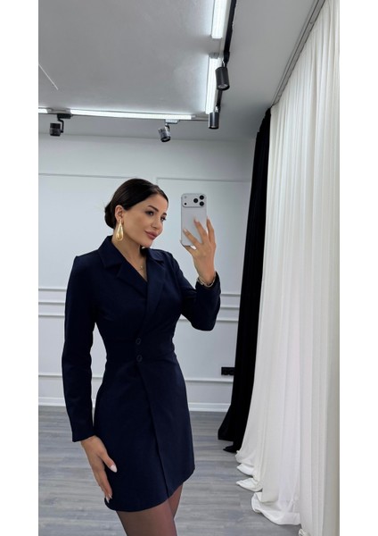 Lacivert Düğme Detaylı Kısa Boy Dokuma Ceket Elbise fiyatları