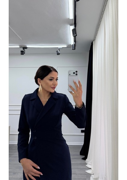 Lacivert Düğme Detaylı Kısa Boy Dokuma Ceket Elbise modelleri